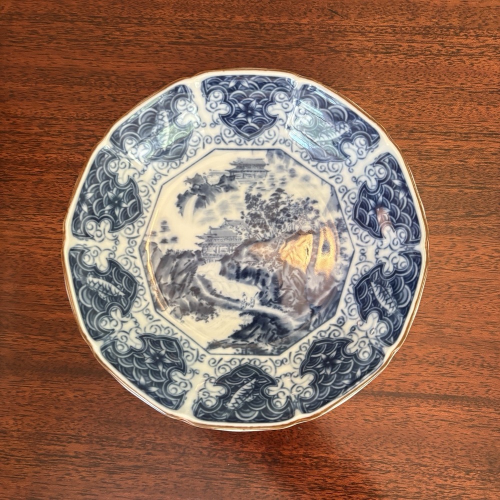 Mokusen Blue And White Dish Landscape Scene Porcelain Mokusen‎ Japanese  6.5"